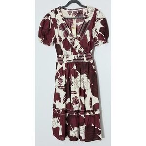 Kings Road Dress Size Medium Petite Red Cream Puff Sleeves V-Neck Tiered NEW